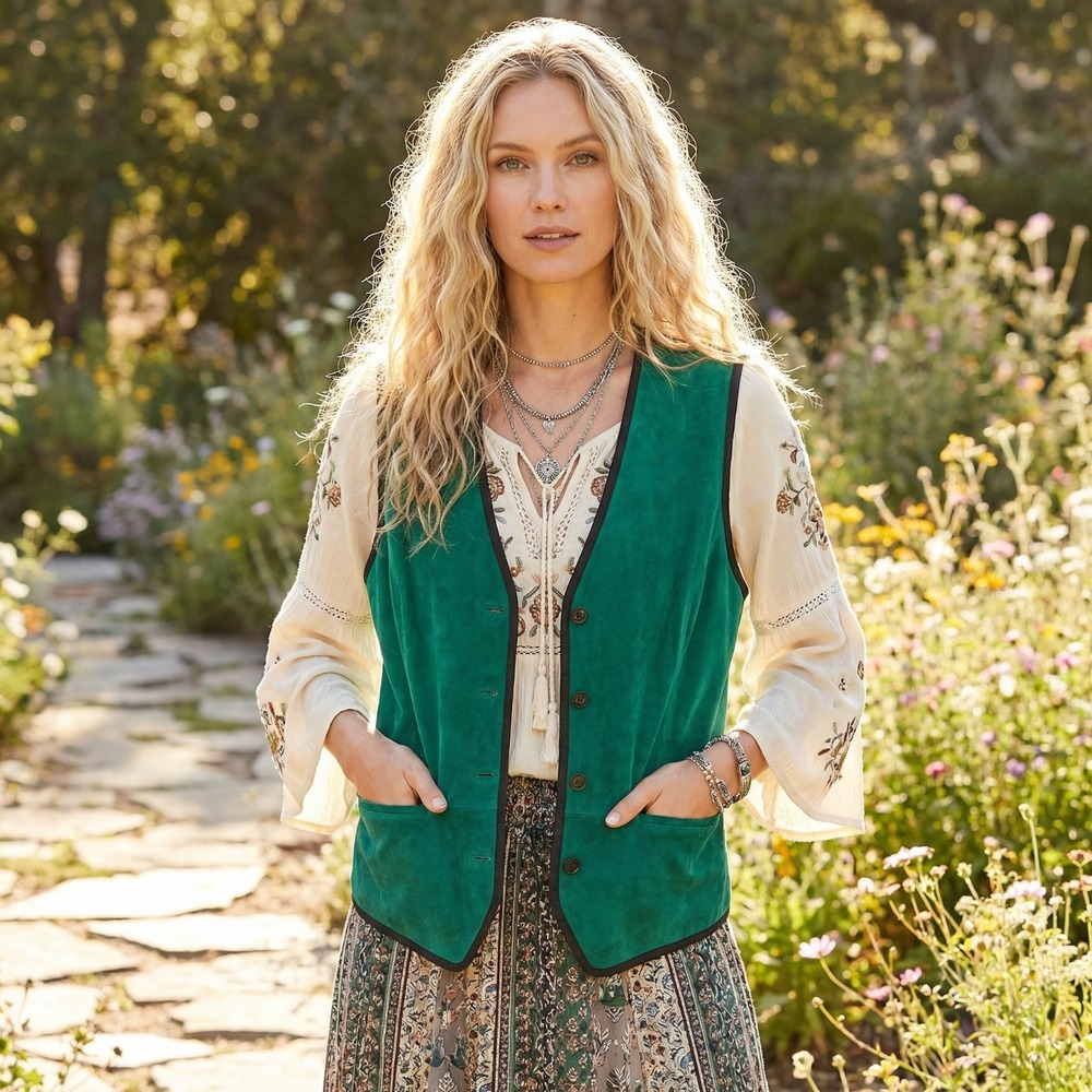 VTG 90s Y2K Diane Von Furstenberg Leather Vest Green Indie Festival Boho Sz 1X